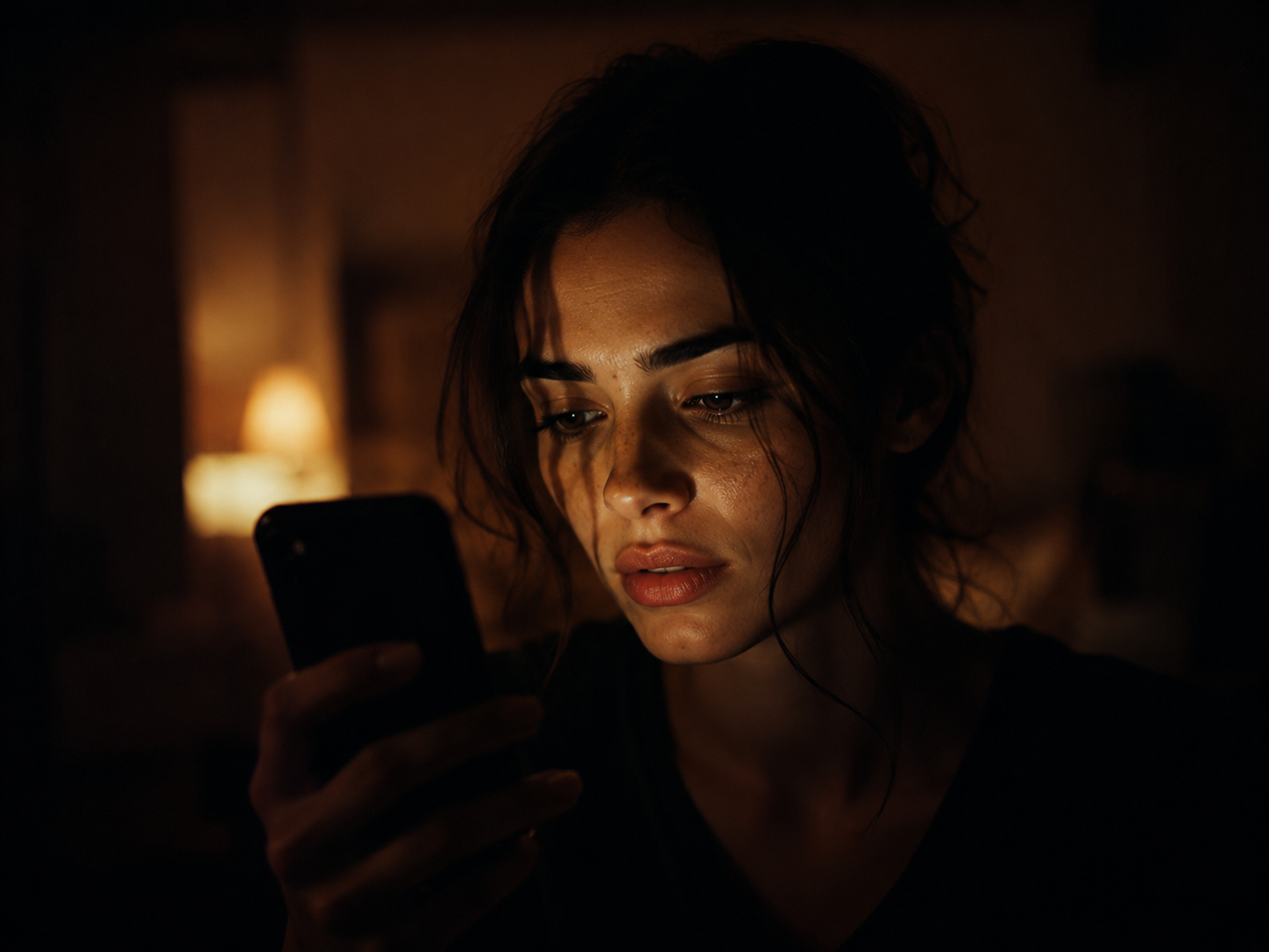 Incoming call lighting a face in warm low light