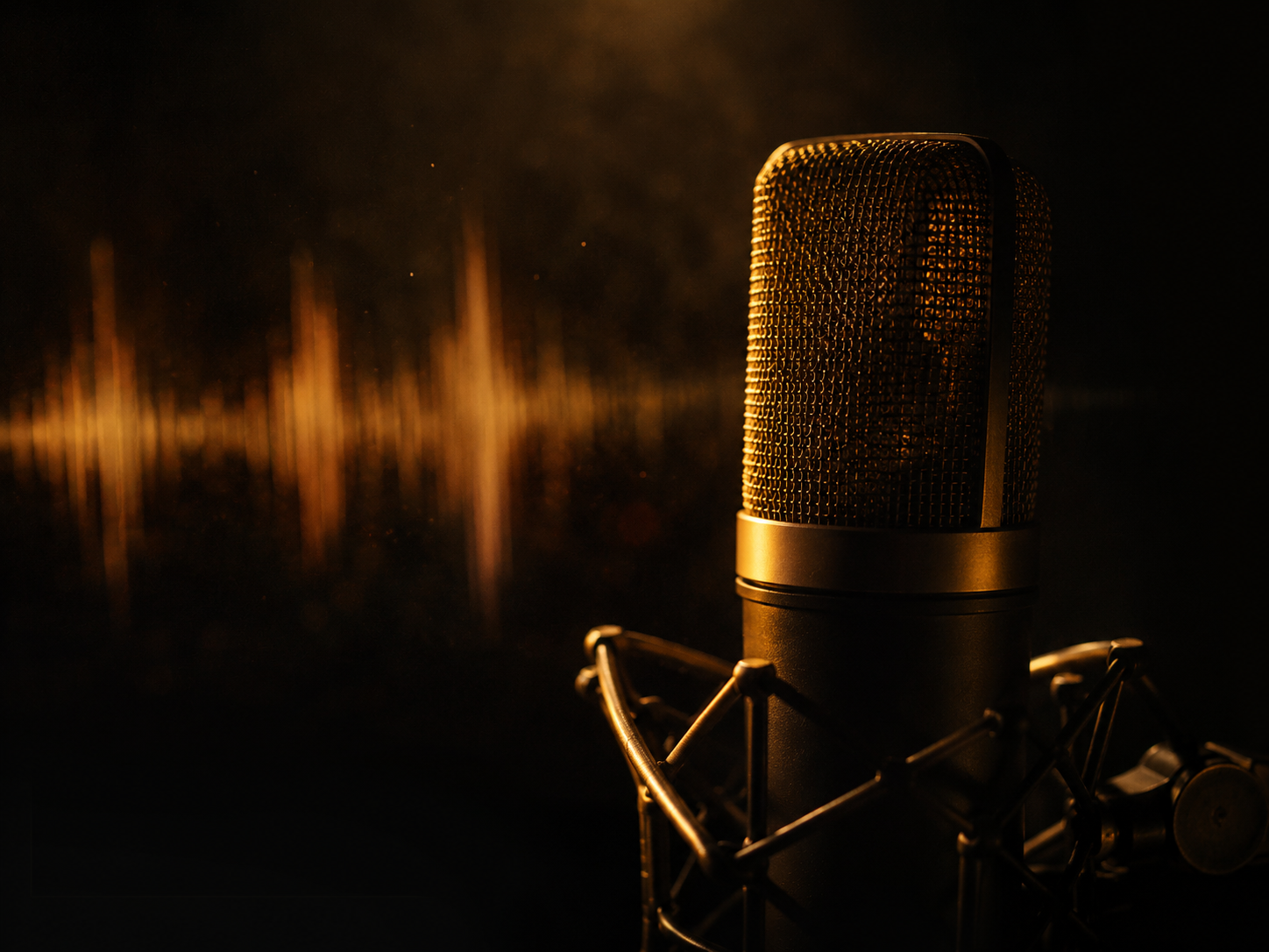 Glowing studio microphone in warm darkness